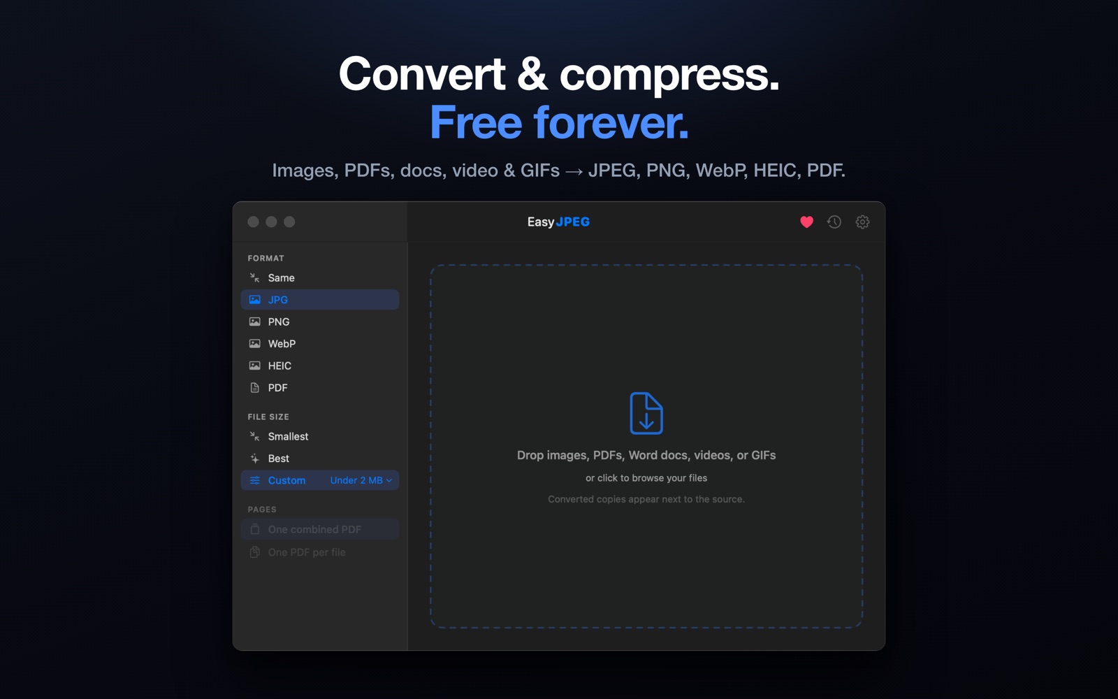 EasyJPEG on macOS: files dropped in, converted copies written next to the originals