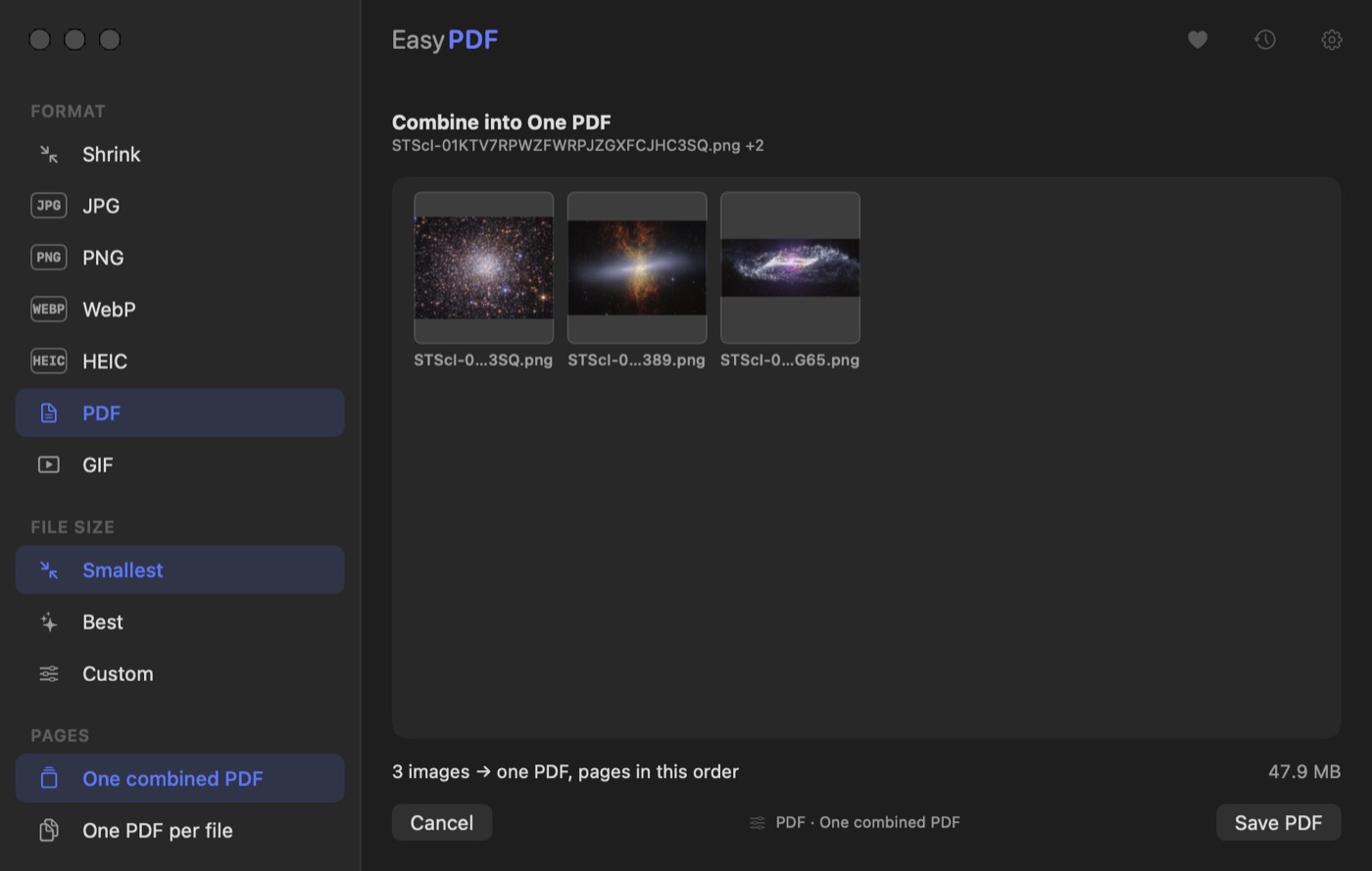 Three images being combined into one PDF on macOS