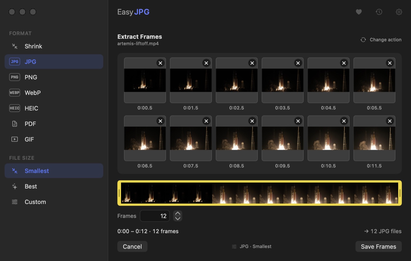 The frame extractor on macOS showing twelve frames from a video