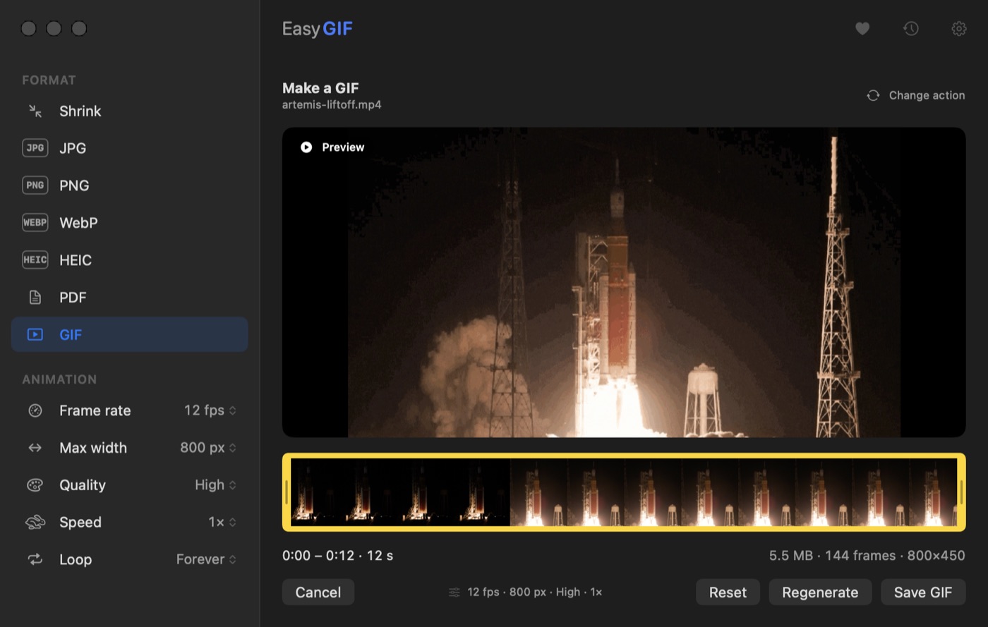 The Make a GIF workbench on macOS with a trimmed clip and a finished GIF