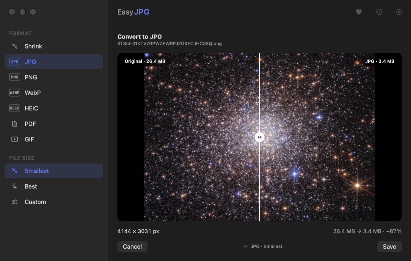 EasyJPEG on macOS converting a 26.4 MB image to a 3.4 MB JPG
