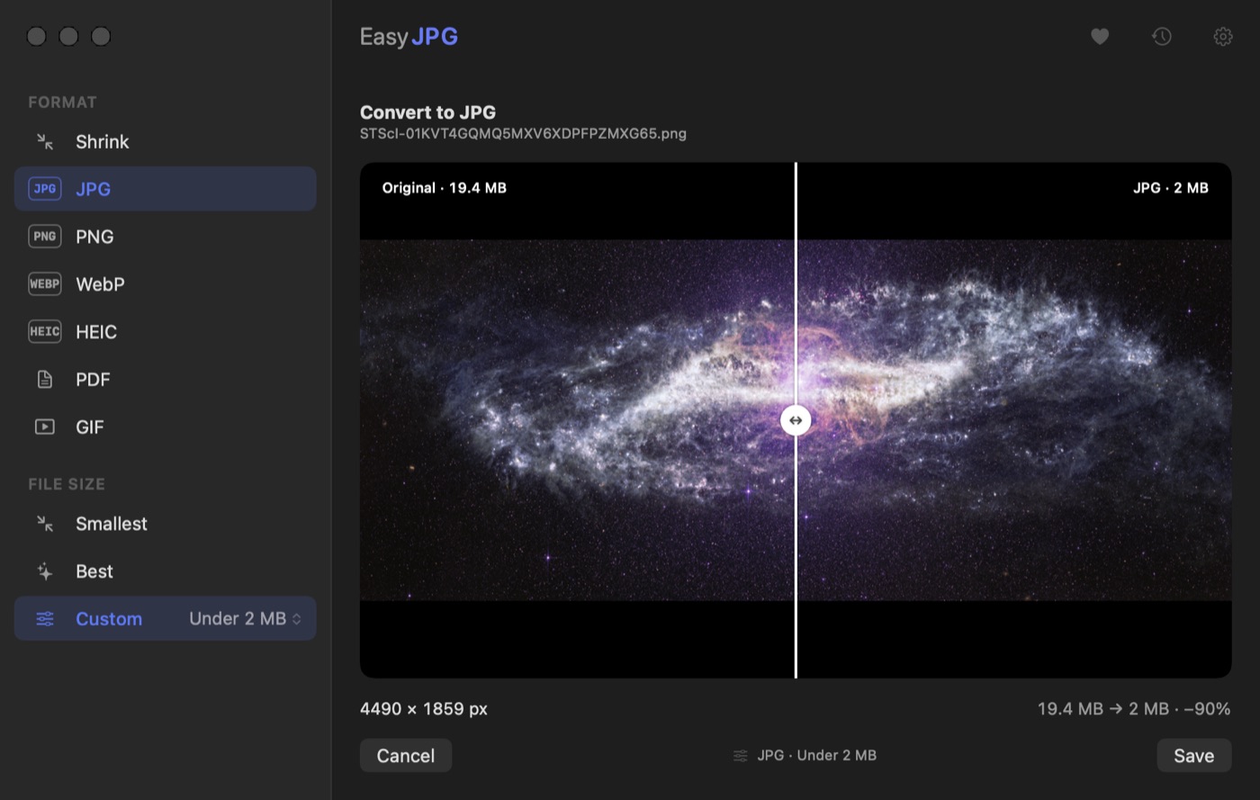 EasyJPEG on macOS forcing a 19.4 MB image under a 2 MB cap