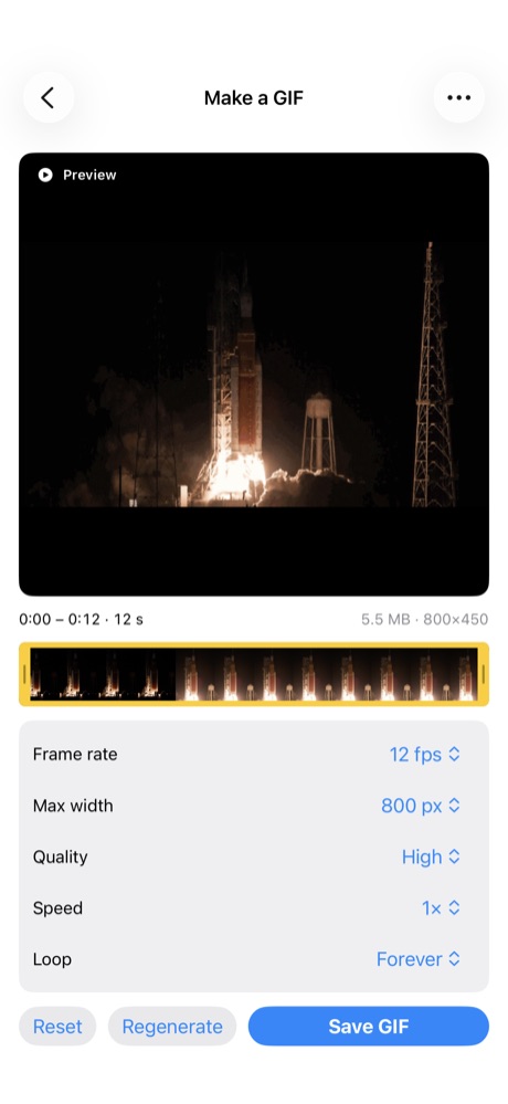 The Make a GIF workbench on iPhone showing a finished GIF and its controls