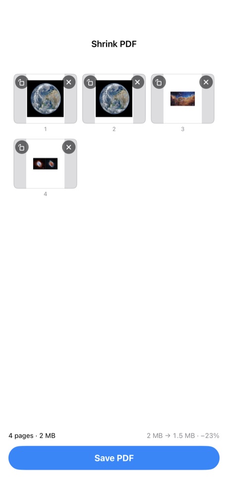 The PDF page grid on iPhone showing four pages and a size saving