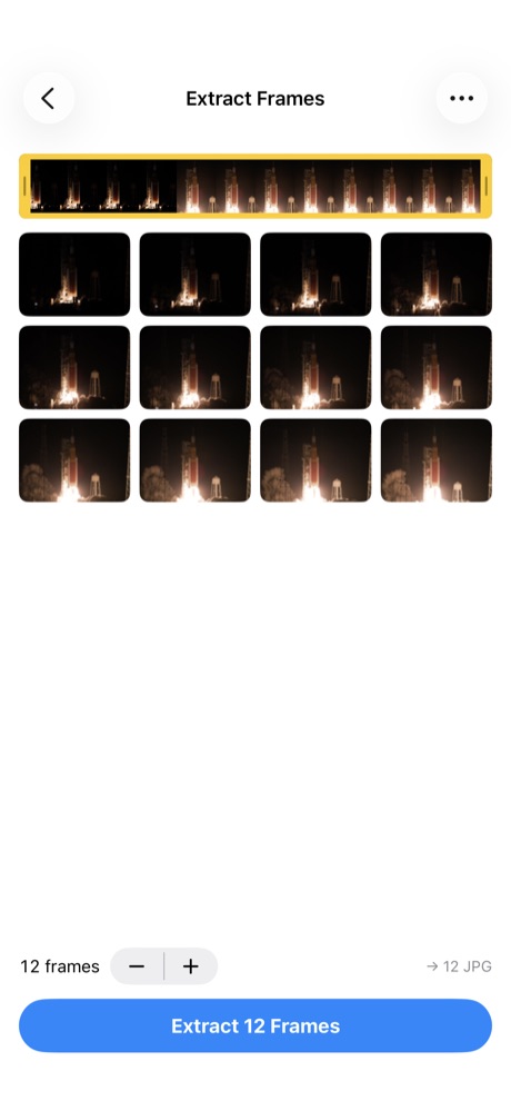 The frame picker on iPhone showing twelve extracted video frames