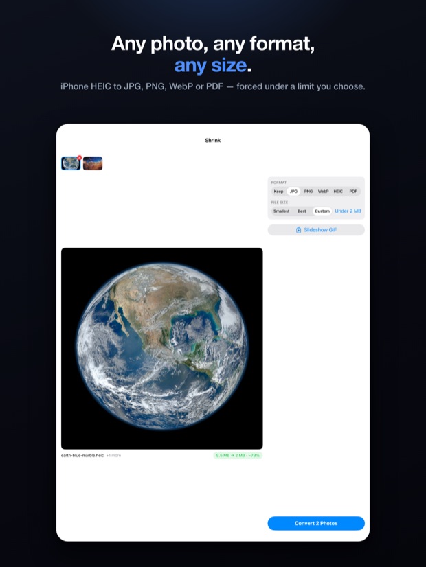 EasyJPEG on iPad: any photo, any format, any size