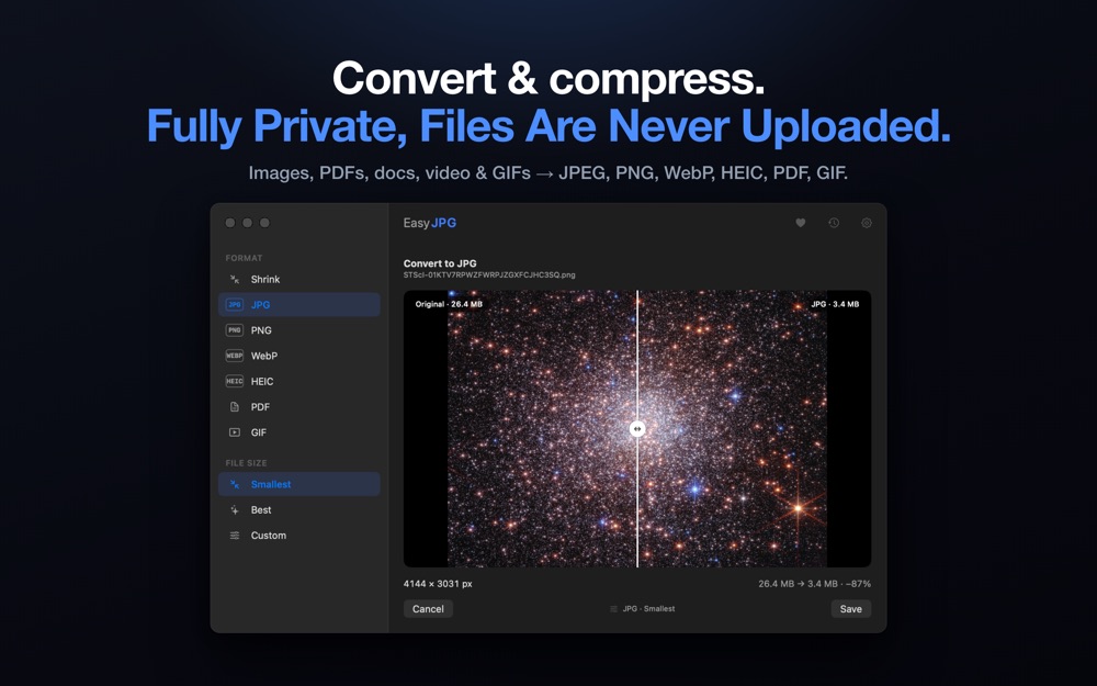 EasyJPEG on macOS: convert and compress, fully private
