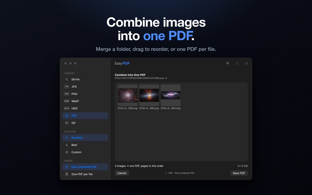 EasyJPEG on macOS: combine images into one PDF